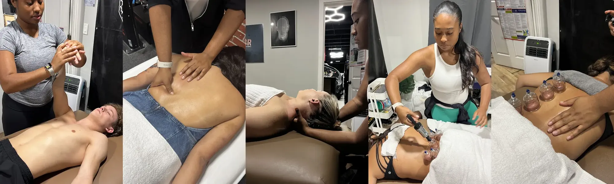 Maya Sharpe working with clients: an arm stretch, a back massage, a neck release and two cupping sessions